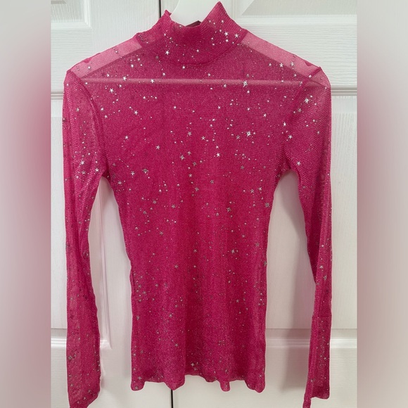 Pink Glitter Sheer Mesh Top - Picture 3 of 3